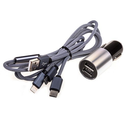 Зарядное устройство 12/24V microUSB/Type-C/Lightning USBx2 (1.0А+2.4А) 100см SW Черный/серебро в коробке
