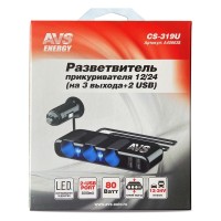 Прикуриватель 3 гнезда 12/24 В 2 USB светодиодная индикация AVS A40863S