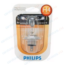 Лампа 12 В H4 60/55 Вт Р43 +30% галогенная блистер Philips 12342PRB1 (бл.)
