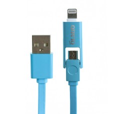 Кабель micro USB/Apple 8pin 1 м 2.1 A 2 в 1 голубой плоский Olmio